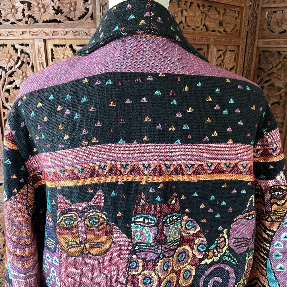 Original Vintage Laurel Burch Silverado Boho Cat Tapestry Blanket Knit Jacket - Picture 11 of 12
